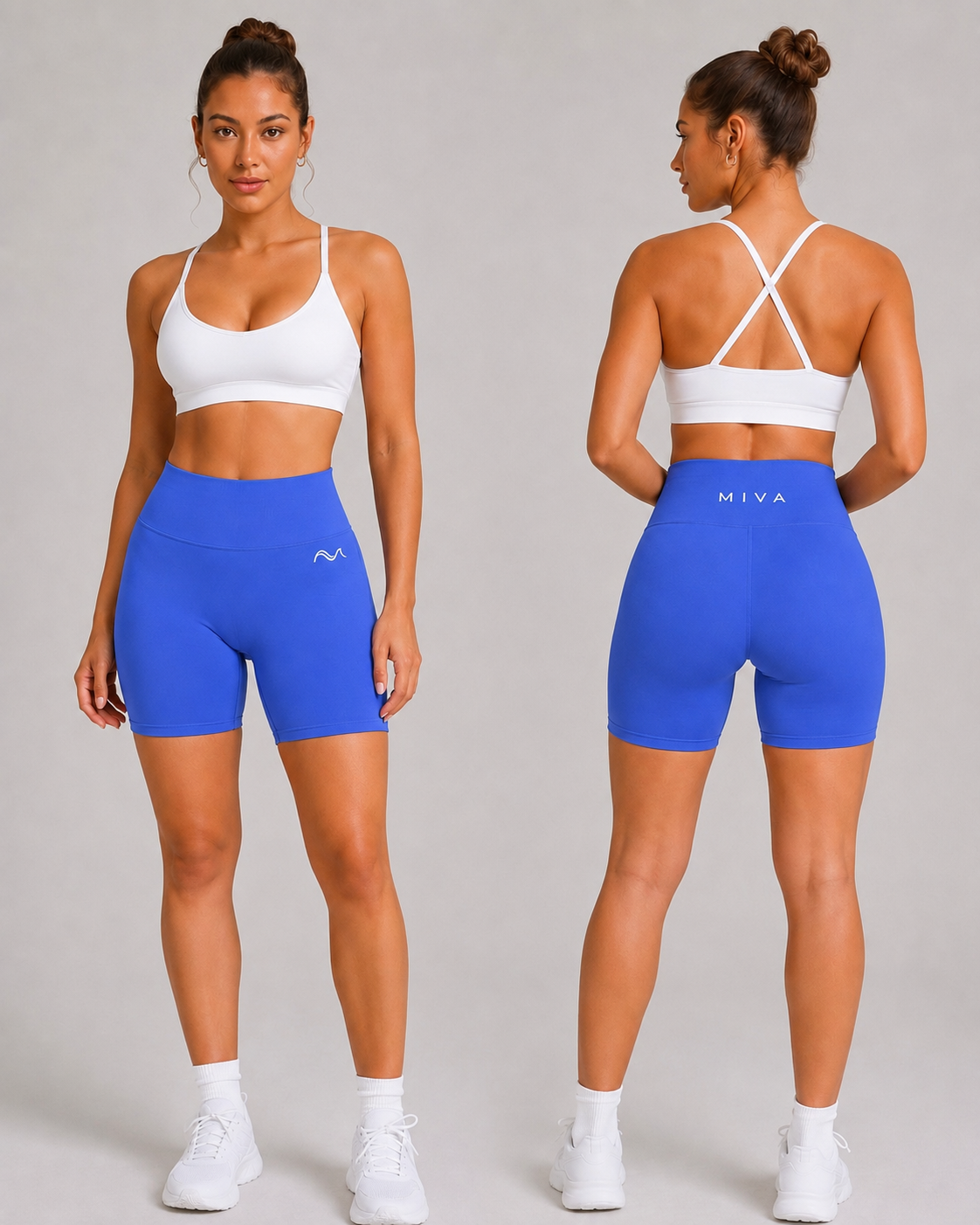 MIVA Womens Mid-Rise Gym Shorts in Ice Blue, front and back